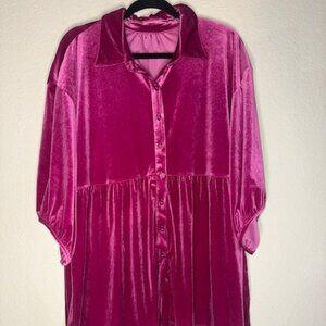 No Brand Magenta Velvet Button Down Plus Mini Dress